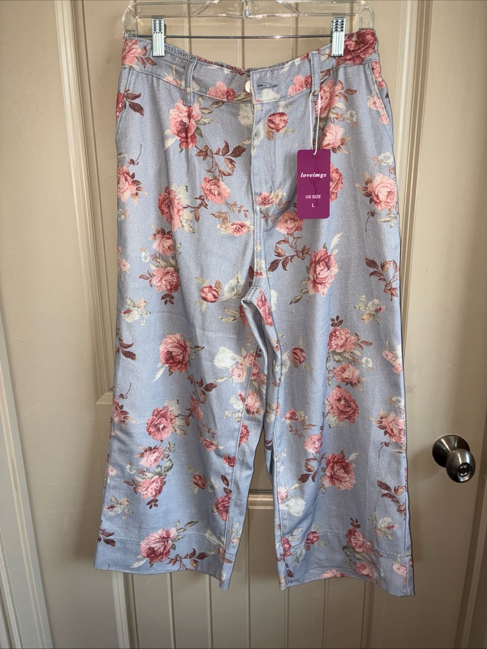 Loveimgs Floral Wide Leg Lounge Pants - Light Blue with Pink Roses
